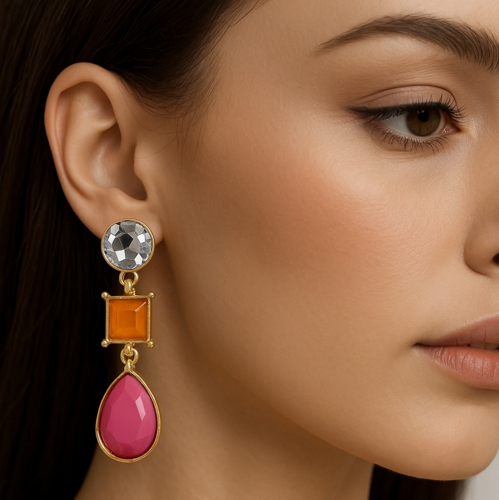 Gold Crystal Drop Earrings w/ Pink & Orange Accents – Vibrant Chic Women Jewelry